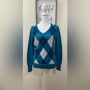 St JOHN’S BAY Women’s Sweater Pullover V Neck Argyle Diamond Sz Small